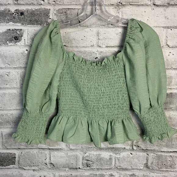 En Saison Crop Top Mint Smocked Puff Sleeve Square Neck Peasant Boho Blouse - Picture 7 of 12